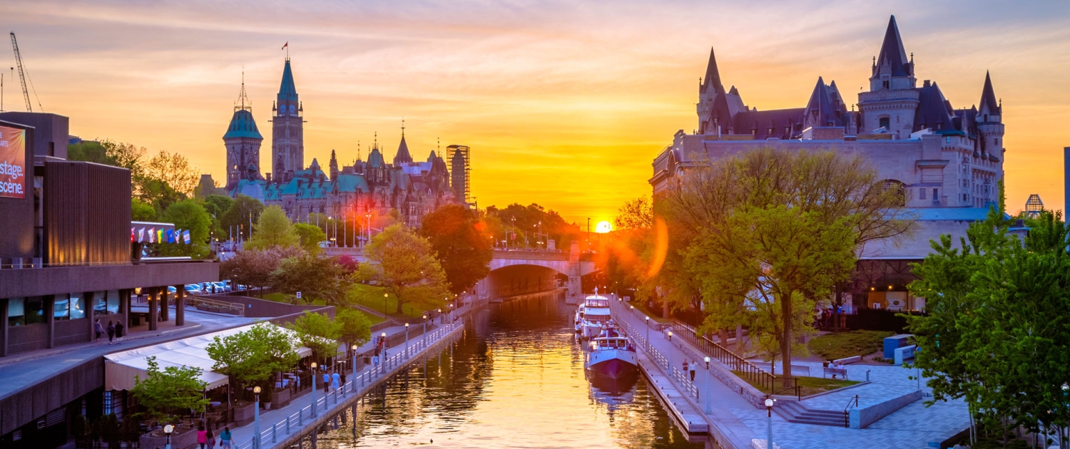 Ottawa's Rideau Canal with sunset.