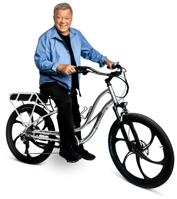 William Shatner on a Platinum Pedego Interceptor with Mag Wheels