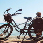 Pedego electric cruiser bike parked beside the ocean.
