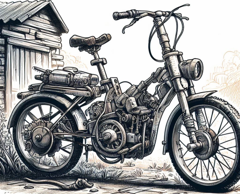 Drawing of a poorly made electric bike parked by a shed