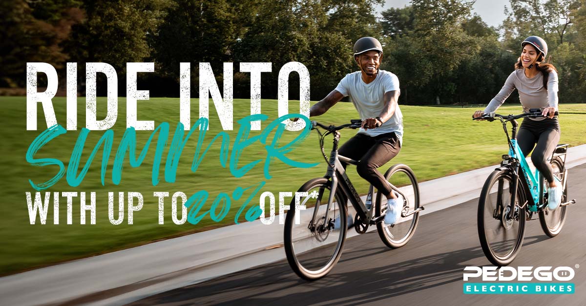 Summer Sale Canada Email Header Person riding a pedego avenue with the words ride into summer sale up to 20 per cent off.